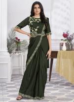 Shimmer Georgette Olive Party Wear Embroidery Work Ready To Wear Saree